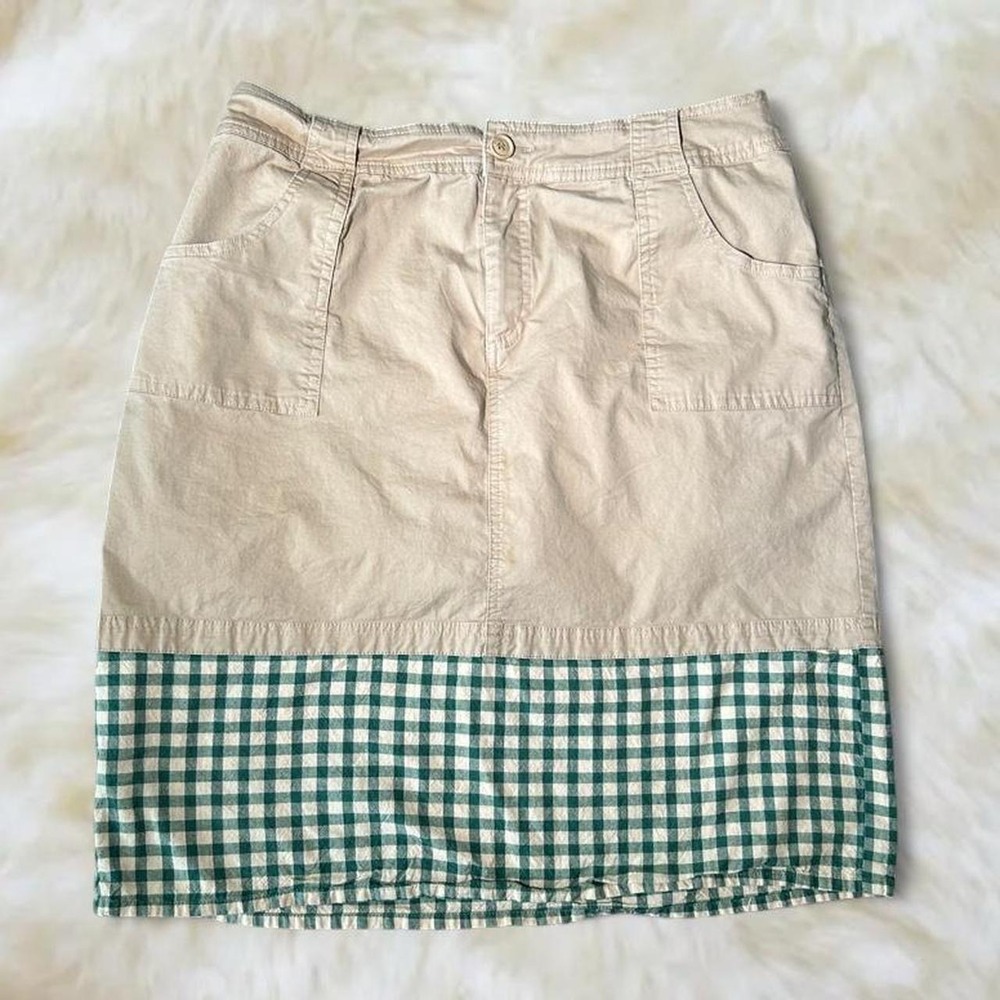St Johns Bay Khaki Green Gingham Midi Skirt Womens 14 Y2K Cottagecore Preppy